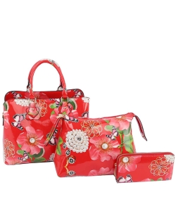 Glossy Flower Printed 3in1 Satchel LY0961W RED